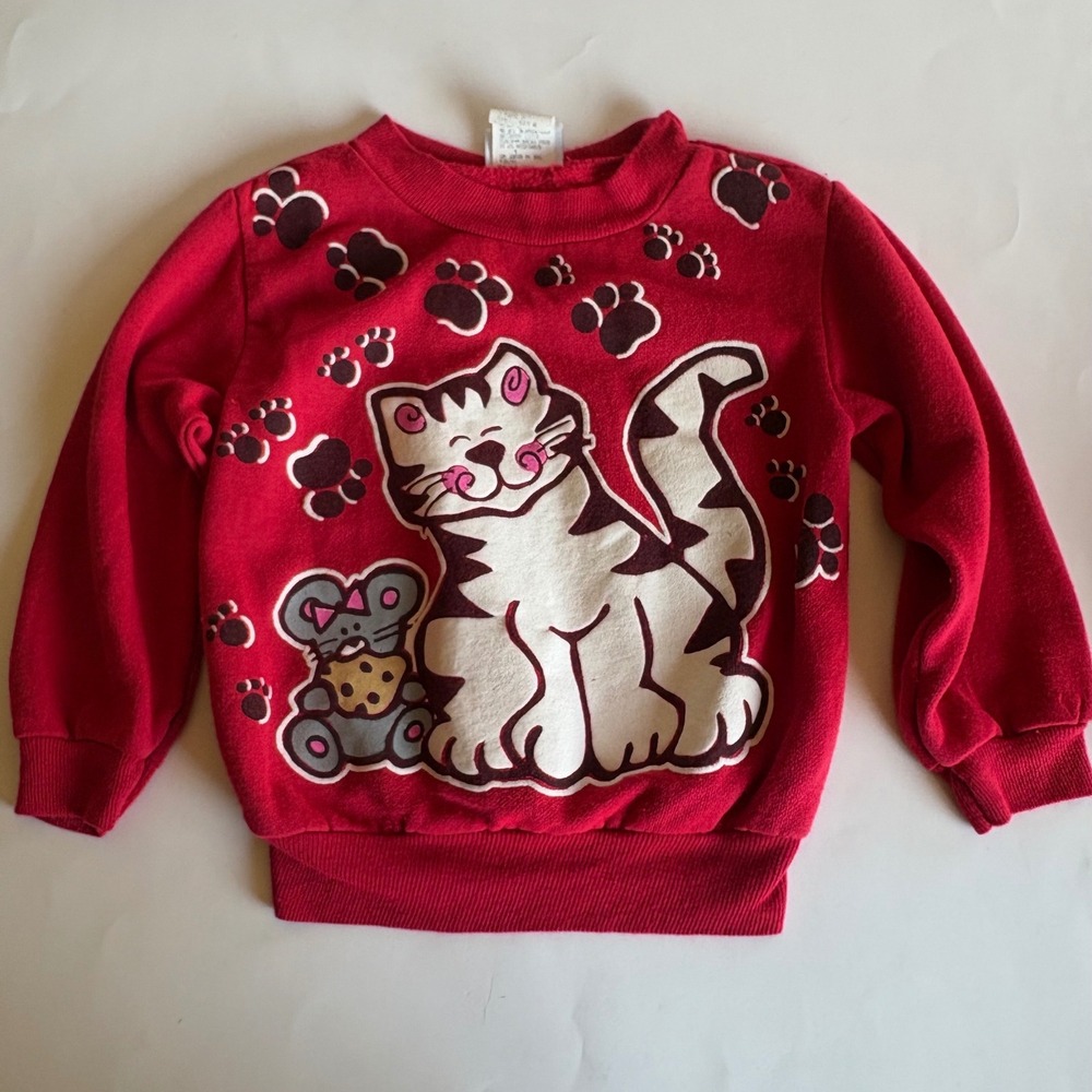 Vintage Basic Image Kids Red Cat‎ Mouse Puff Print Sweatshirt Size XXS Toddler 4